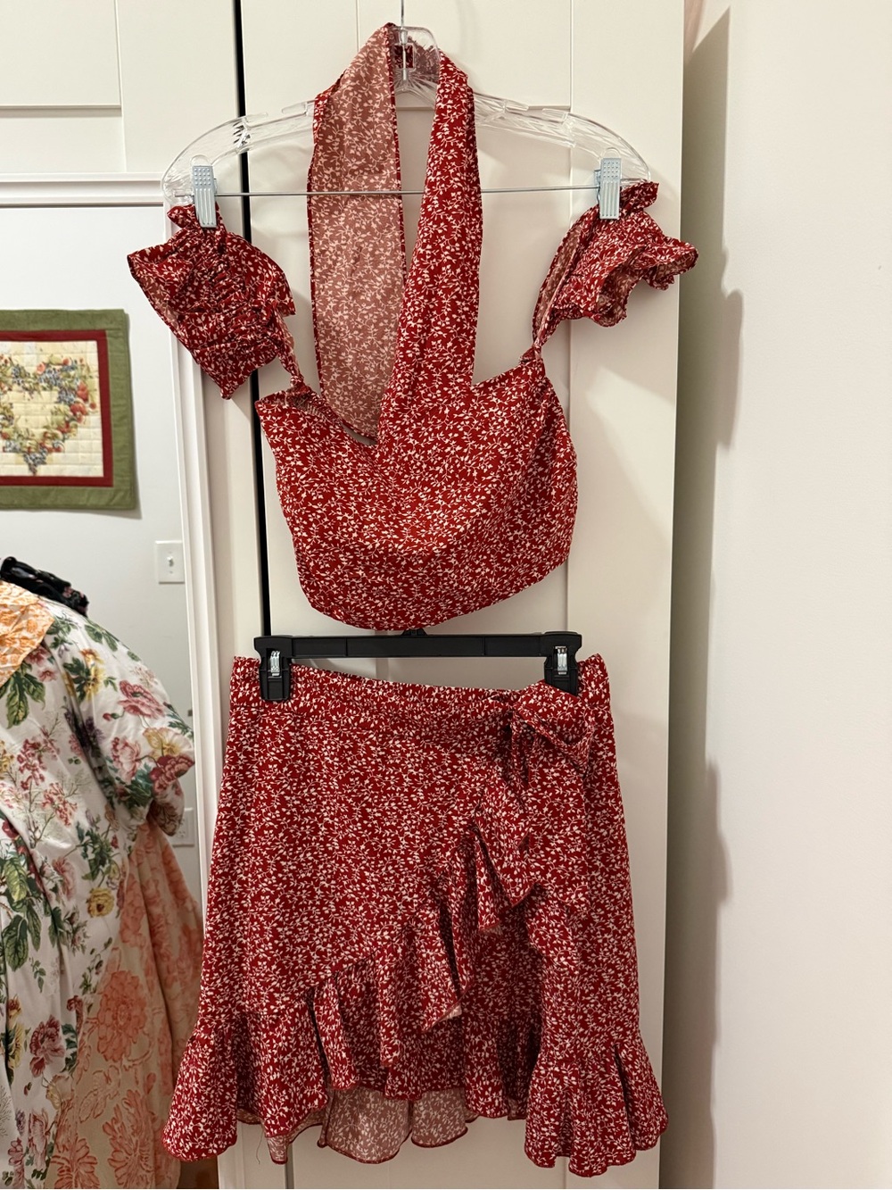 SHEIN Red Floral Ruffle Two-Piece Skirt Set